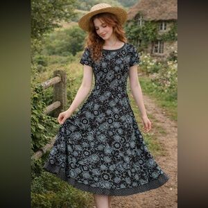 VTG Y2K White Stag Black and Blue Floral Maxi Dress Polka Dot liner
